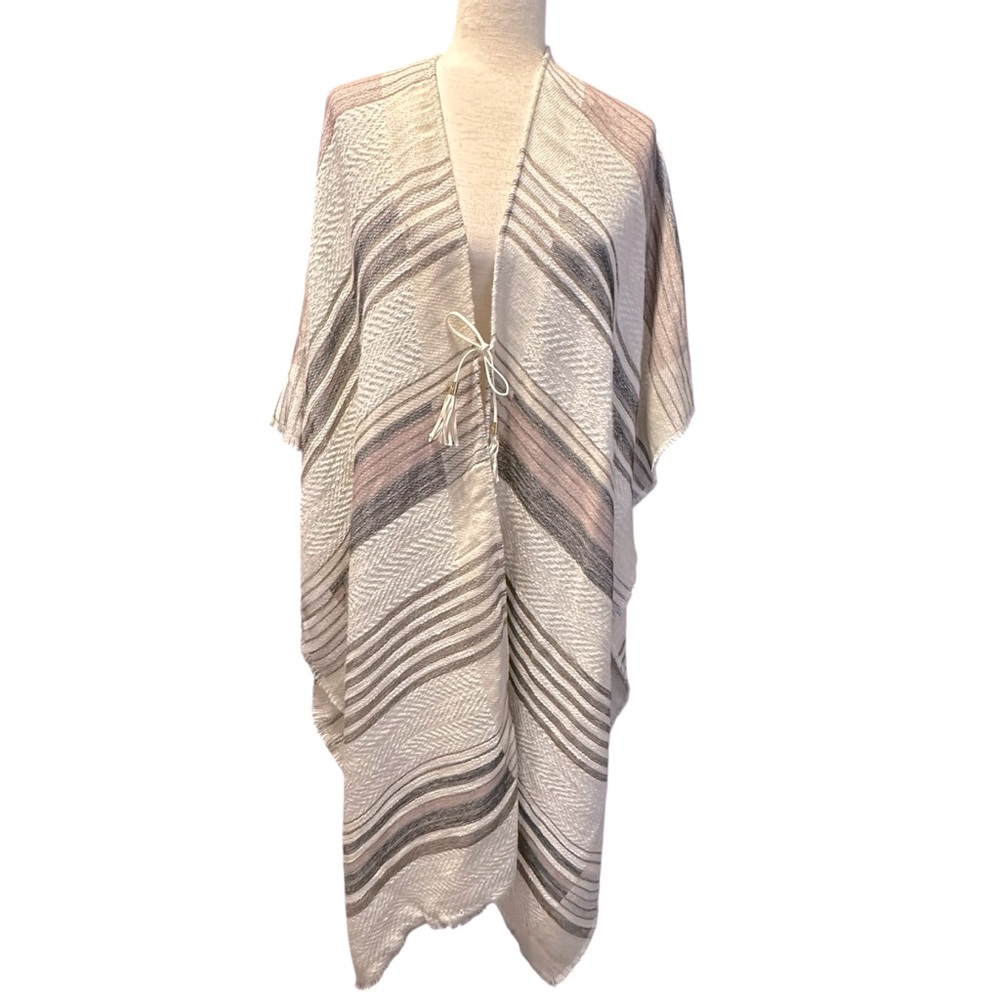 Marc New York Andrew Marc Striped Tassel Kimono Ruana Poncho Wrap Cover Up OS
